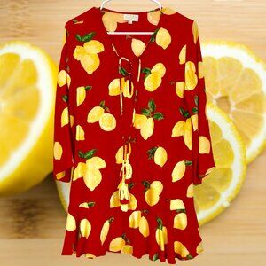 Mud Pie Orangey-Red Ruffled Lemon Themed Dress Size 5; Belled Sleeves